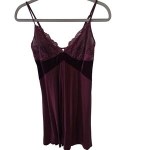 In Bloom Burgundy Lace Velvet Trim Cami Slip Dress Nightgown S
